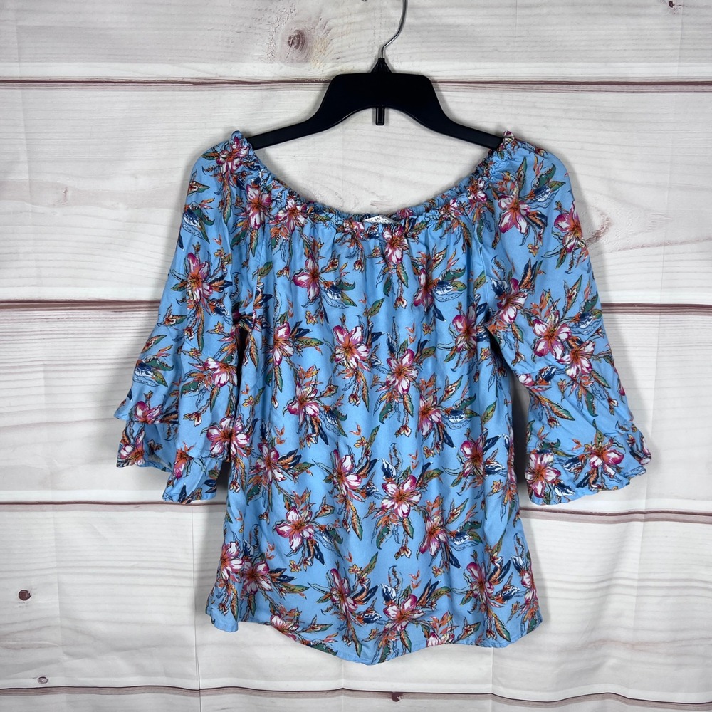 Lascana for Venus Off Shoulder Top Womens Small Blue Floral Bell Sleeve Blouse